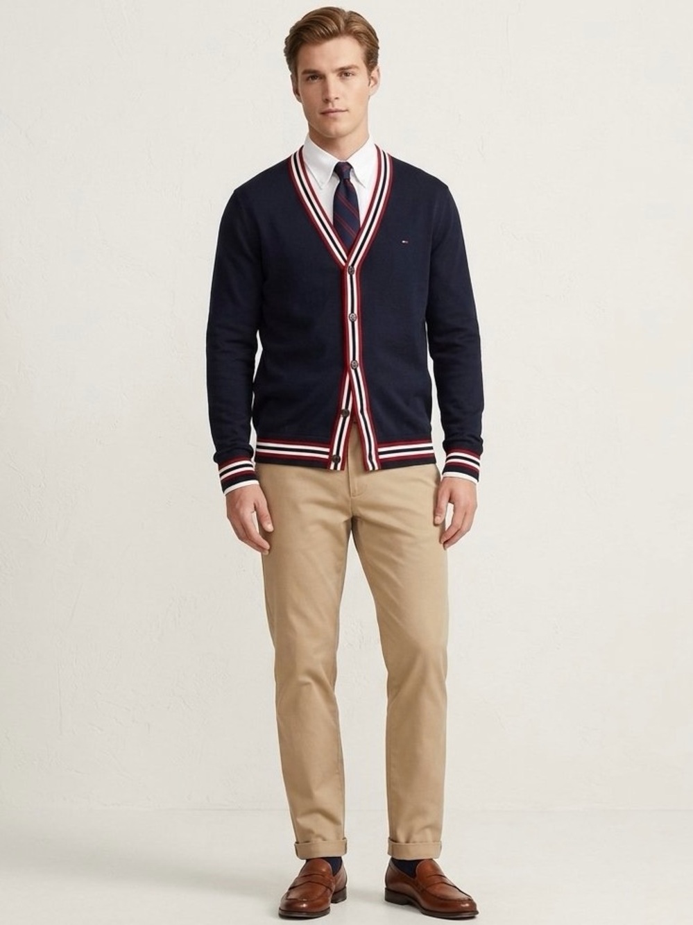 Tommy Hilfiger Mens Premium Cotton V Neck Cardigan Sweater Striped Navy Large